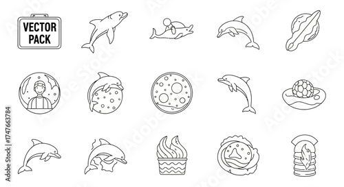 Dolphin and food-themed vector icon pack featuring varied ocean life and culinary elements