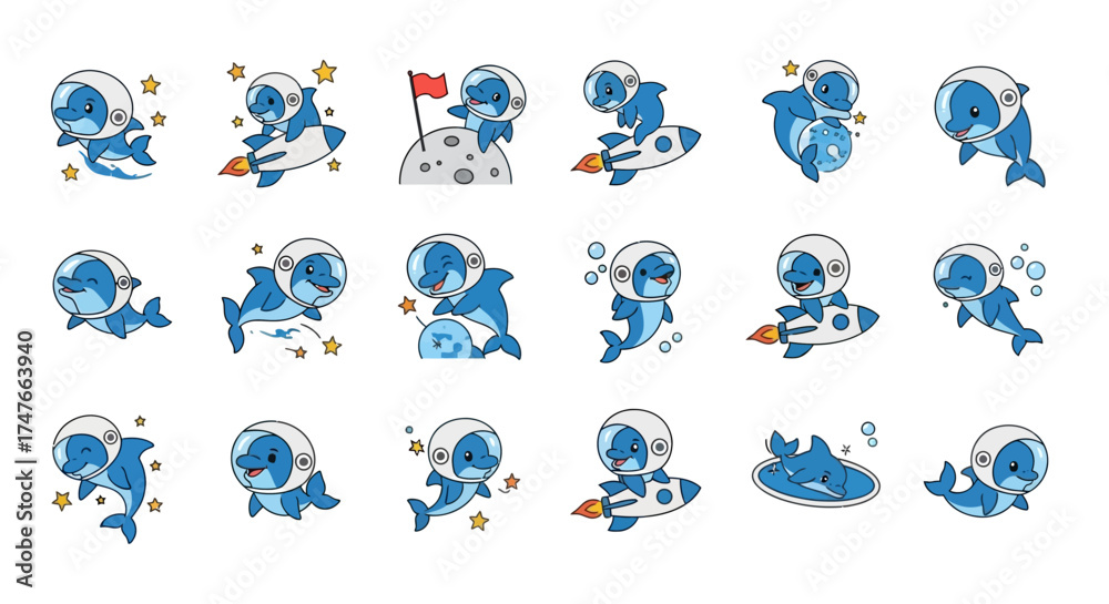 Fototapeta premium Collection of whimsical blue dolphin astronauts exploring the cosmos with stars and rockets