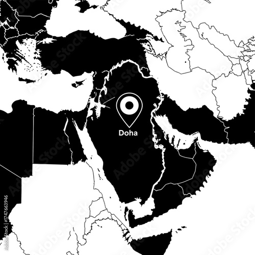 Monochrome map highlighting Doha, Qatar: A stylized graphic representation of global cartography
