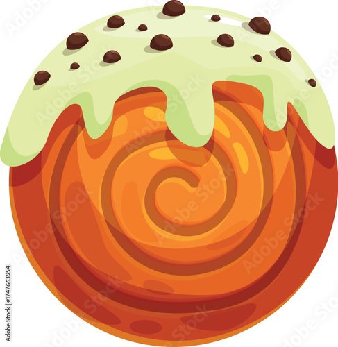 Round cake with spiral orange icing and chocolate chips with dripping pistachio topping