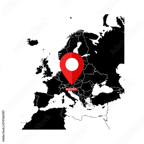 Madrid's location pinpointed on a sleek illustrative map of the European continent
