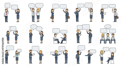 Diverse business professionals communicating with speech bubbles in a vector seamless pattern