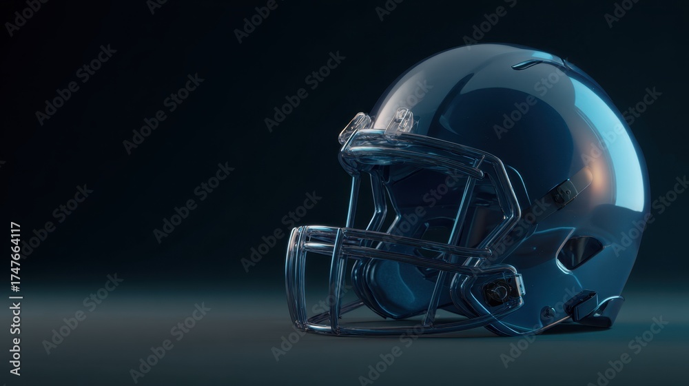 Naklejka premium Shiny Football Helmet Displayed on Dark Background with Studio Lighting for Sports and Athletic Themes
