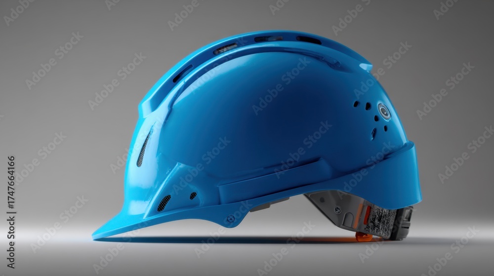 Fototapeta premium Vibrant Blue Safety Helmet for Construction and Industrial Environments, Side View with Modern Design Elements