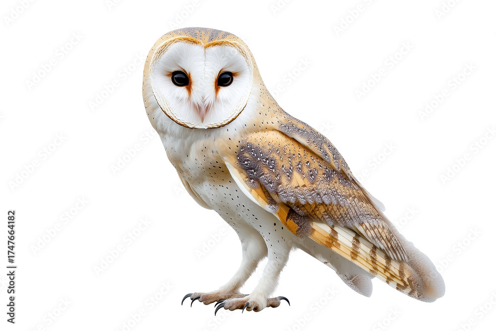 Obraz premium Close view of a barn owl displaying its distinct facial features and plumage isolated on a transparent background during a calm moment in daylight