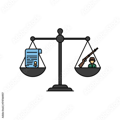 Balance scale comparing legal document and person with rifle symbolizing law versus violence.