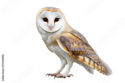 Close view of a barn owl displaying its distinct facial features and plumage isolated on a transparent background during a calm moment in daylight