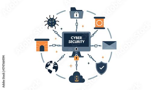Cyber Security and Data Protection Network Concept, Internet Safety and Digital Information Security System with Lock and Shield Icons