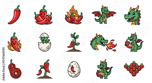 Cartoonish illustrations showcasing the playful fusion of chili peppers and dragons together
