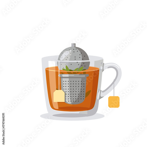 Illustration of hot tea in a glass mug with tea infuser.