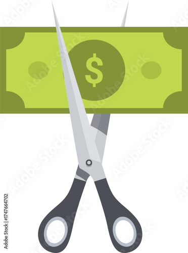 Scissors cutting dollar banknote representing cost reduction, controlling inflation, or budget cuts