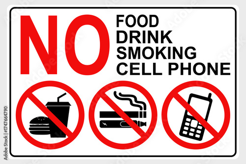 No food drink No smoking and No cell phone sign area prohibition.Flat vector illustration design isolated on white background.