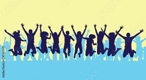 Group of diverse people jumping in the air celebrating success and freedom.
