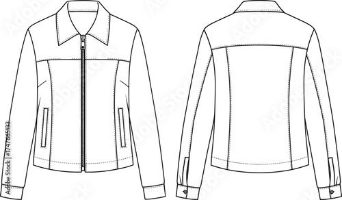 Men's technical jacket sketch, front and back view, zipper closure, collar, buttoned cuffs, fashion flat drawing, vector illustration, garment design