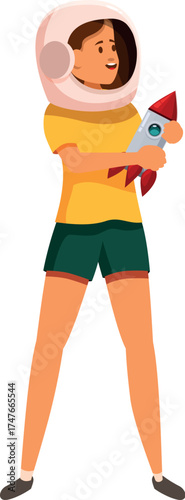 Girl with astronaut helmet holding toy rocket, embodying dreams of space exploration and scientific curiosity