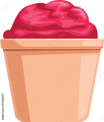 Creamy pink ice cream overflowing a plastic tub, ready to be enjoyed on a hot summer day
