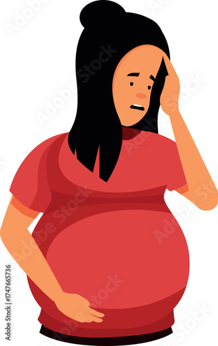 Pregnant woman experiencing dizziness and discomfort, touching her forehead with a worried expression, highlighting health concerns during pregnancy