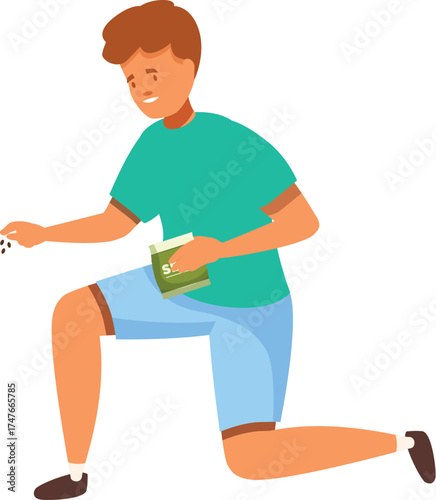 Young gardener kneeling and sowing seeds from a packet, spring planting in the garden