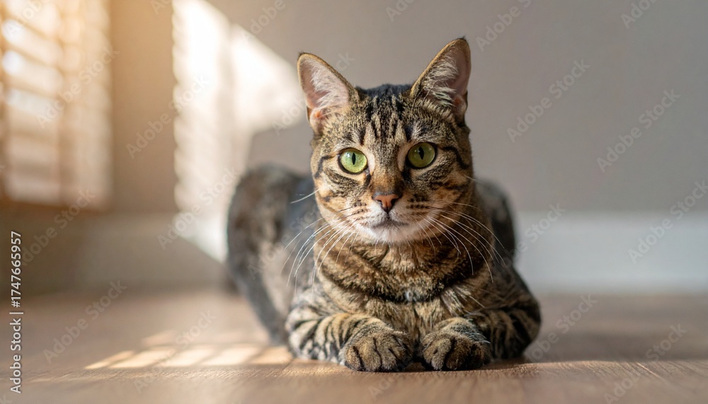 Naklejka premium Beautiful Domestic Cat with Green Eyes Sitting on Wooden Floor in Natural Light for Pet Animal Object and Feline Concept