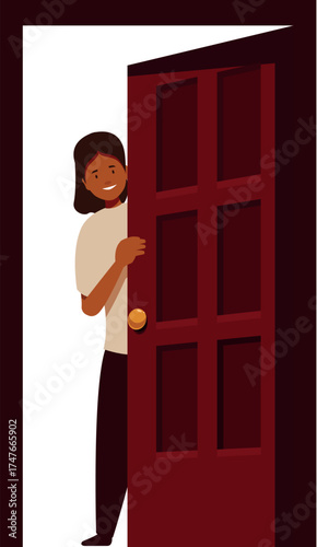 Happy woman opening the door and entering home, smiling and welcoming