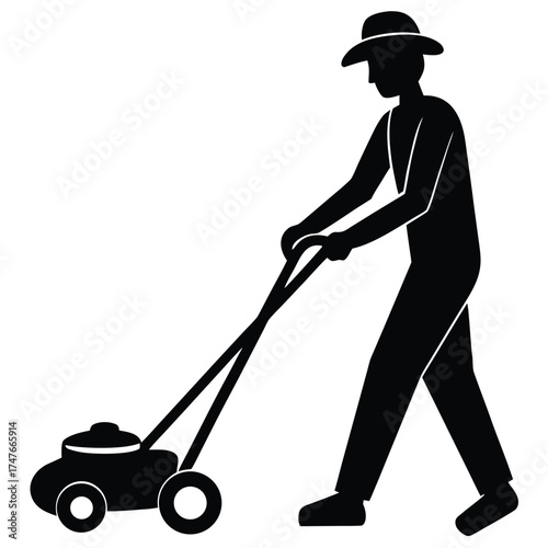 person mowing lawn doing work on white background