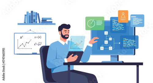 Man working on computer with data visualization and charts.