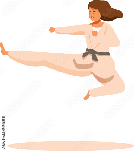 Female karate expert practicing a powerful kick in mid air, showcasing her martial arts skills and athleticism