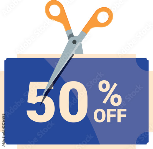 Orange scissors cutting a blue fifty percent off coupon, depicting a big discount concept