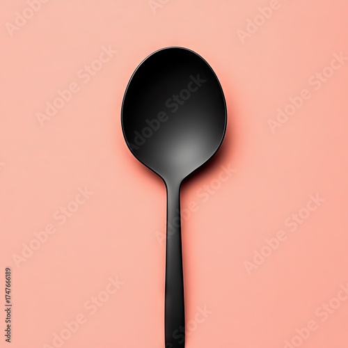 Black spoon on a peach background, centered shot