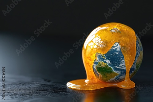 Earth melts; global warming concept on a dark reflective surface