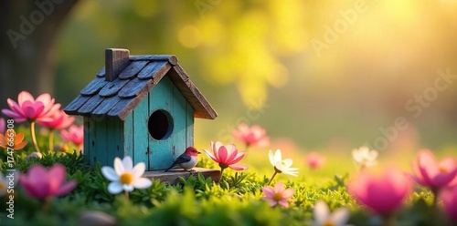 Charming Birdhouse Nestled in Spring Blossoms, Basking in Warm Sunlight ? A Perfect Image for Springtime, Nature, and Home Decor Themes.