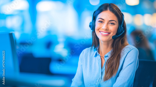 Woman with headset smiling in a bright blue call center environm