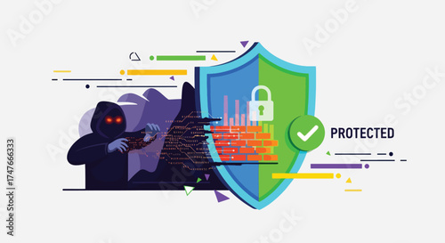 Cybersecurity shield protecting against hacker threat digital security concept.