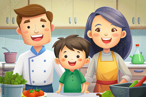 Cheerful Asian family cooking together in modern kitchen, love and teamwork, healthy lifestyle concept illustration