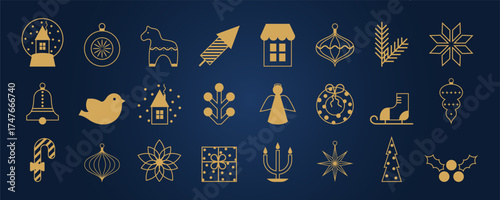 Set of Christmas minimalist geometric elements. Modern Xmas abstract icons,symbol, stickers. New Year holiday decoration. Simple flat vector illustration.