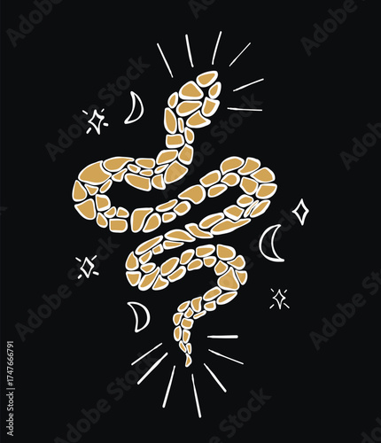 Mystical Snake. Gold Astrology Reptile on Black Background. Textured Hand Drawing Doodle. Vector Illustration. Not AI