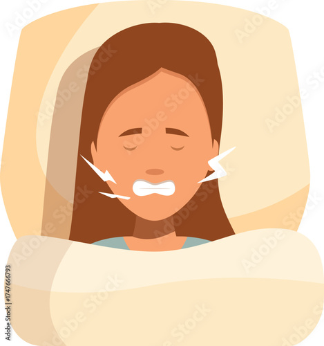 Young woman suffering from bruxism, grinding teeth while sleeping in bed, showing symptoms of sleep disorder