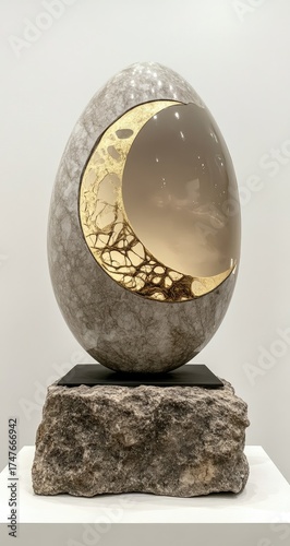 Egg sculpture golden moon, stars, on stone base
