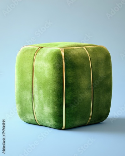 Green velvet cube ottoman with golden trim on blue