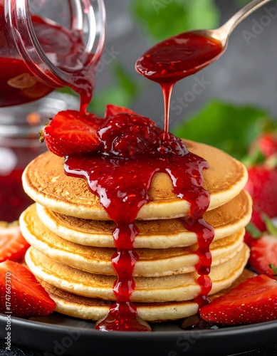 Stack of golden pancakes topped with strawberry sauce being poured
