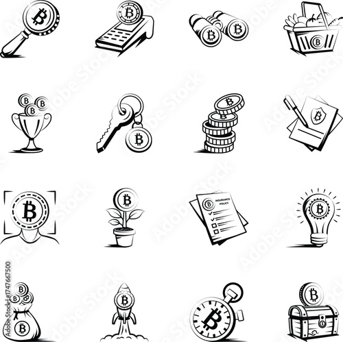 Set of Crypto and Blockchain Doodle Style Icons 
