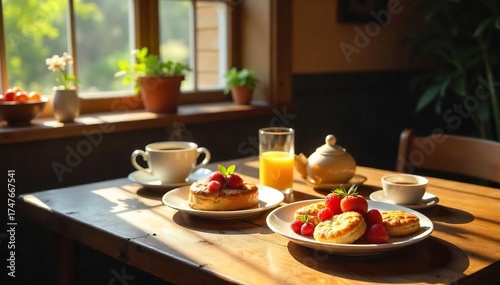 Sunlit Rustic Brunch Delicious Pastries, Fruit, and Coffee on Wooden Table