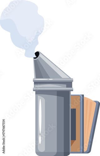 Bee smoker blowing smoke, essential tool for calming bees during hive inspections and honey extraction
