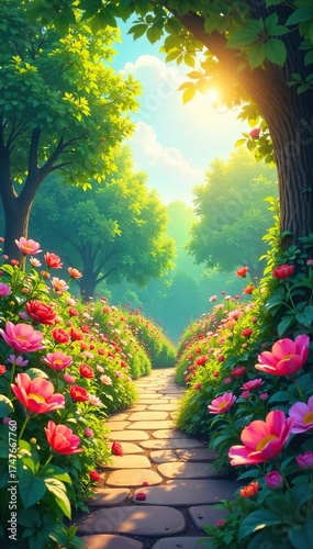 Serene Sunlit Garden Overflowing with Vibrant Flowers and Lush Greenery A Symbol of Joy, Peace, and Well-being