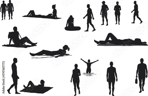 Relaxation silhouettes, leisure poses, sitting, walking, lying down, water activity, black figures, white background, lifestyle moments