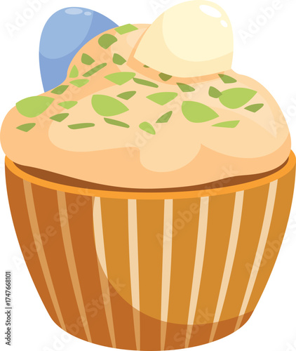 Traditional easter cupcake decorated with cream and colorful eggs, celebrating spring and religious holidays