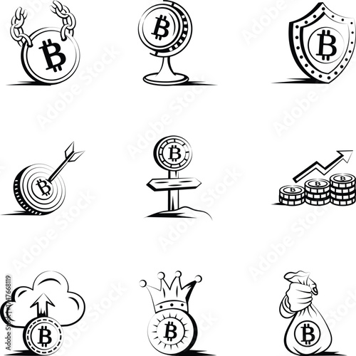 Set of Crypto Finance Doodle Style Icons 
