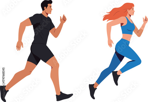 Running duo, athletic silhouettes, fitness motion, male, female, black figures, workout, white background, sportswear, stride