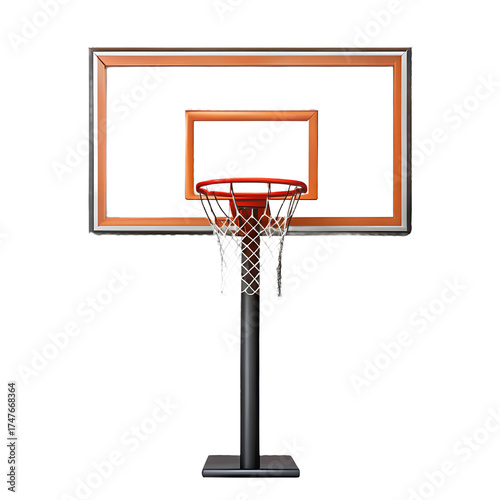 A basketball hoop and backboard with net isolated on transparent background