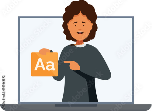 Teacher explaining typography during online class, holding card with letters and pointing at it, elearning concept